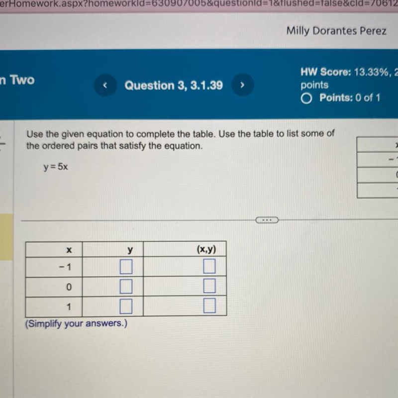 Use the given equation to complete the table. Use the table to list of the ordered-example-1