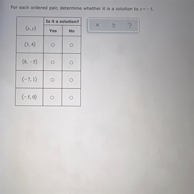 For each ordered pair, determine whether it is a solution to x=-5.Is it a solution-example-1