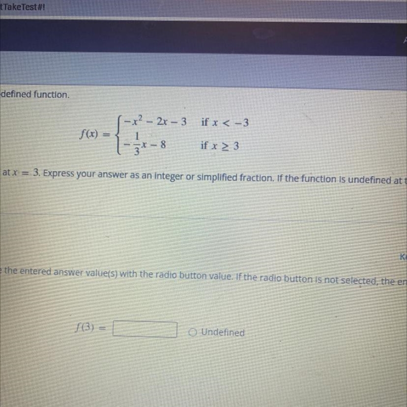 Evaluate this function at x=3 Express your answer as an i ther or simplified fraction-example-1