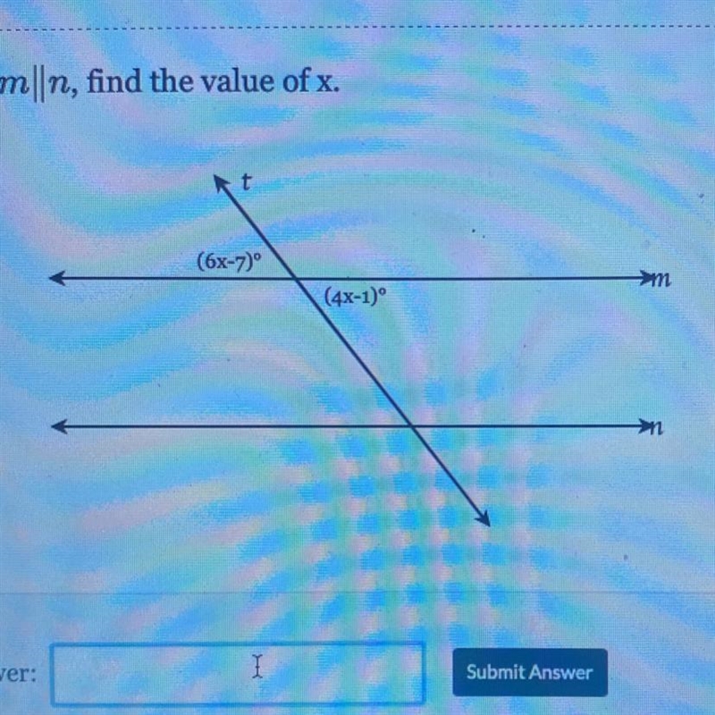 Given mſn, find the value of x. (6x-7)º m (4x-10°-example-1