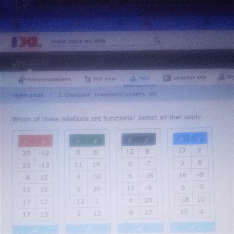 Eighth grad Checkpoint: Understand functions 6NP Which of these relations are functions-example-1