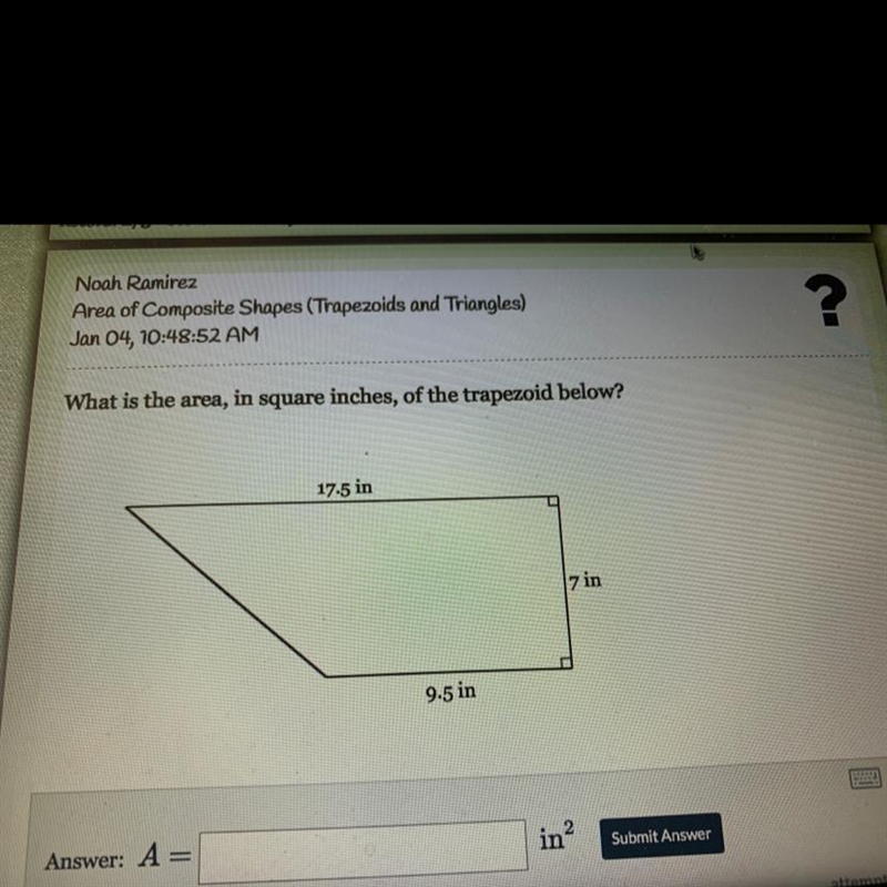 What is the area in square inches of the trapezoid below￼-example-1