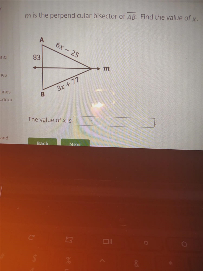 M is the perpendicular bisector of ab find the value of x-example-1