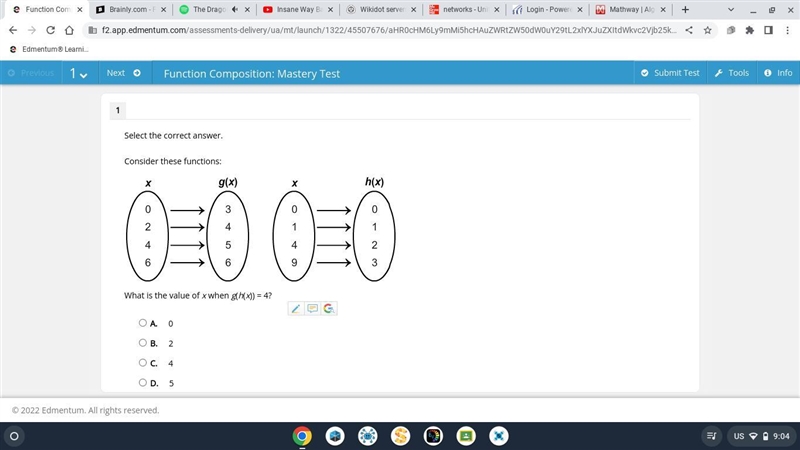 Select the correct answer.Consider these functions:What is the value of x when g(h-example-1