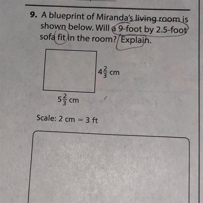 9. A blueprint of Miranda's living room is shown below. Will a 9-foot by 2.5-foot-example-1