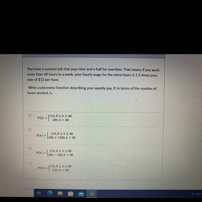 Write a piecewise function describing your weekly pay P, in terms of the number of-example-1