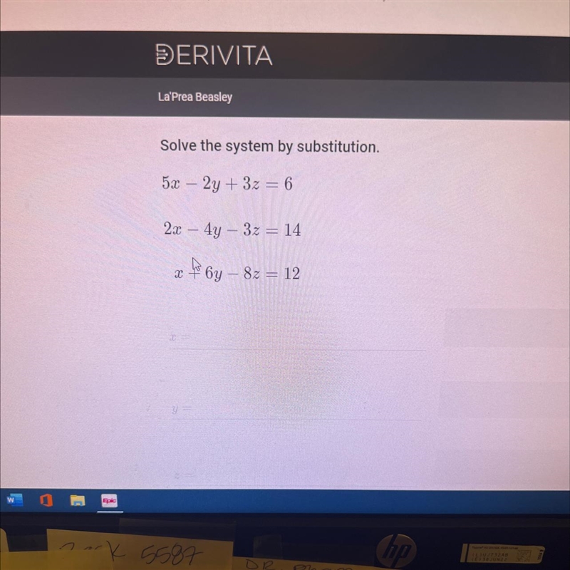 Solve the system by substitution.or522y + 3z = 62x - 4y - 3z = 14-x+6y - 8z = 12-example-1