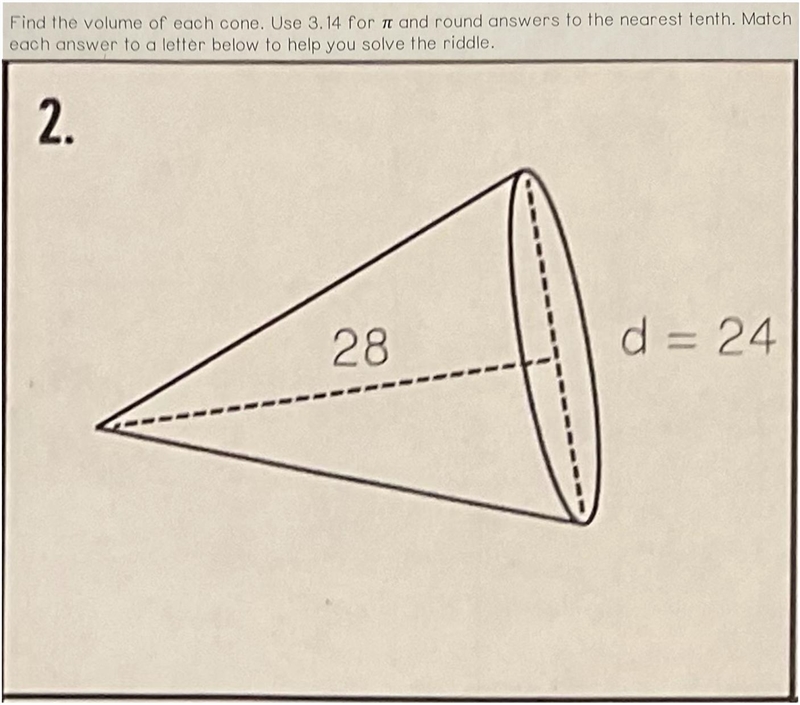 Find the volume of each cone. Use 3.14 for π and round answer to the nearest tenth-example-1