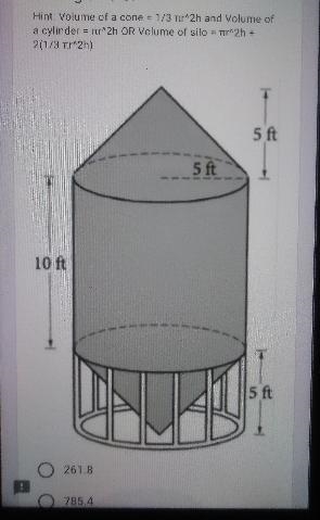 20) A gain silo is constructed as two cones and a cylinder. The measurements are represented-example-1