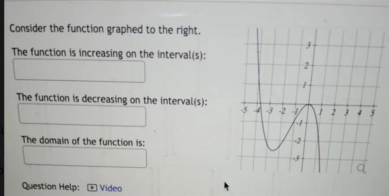 Consider the function graphed to the right. 3 The function is increasing on the interval-example-1