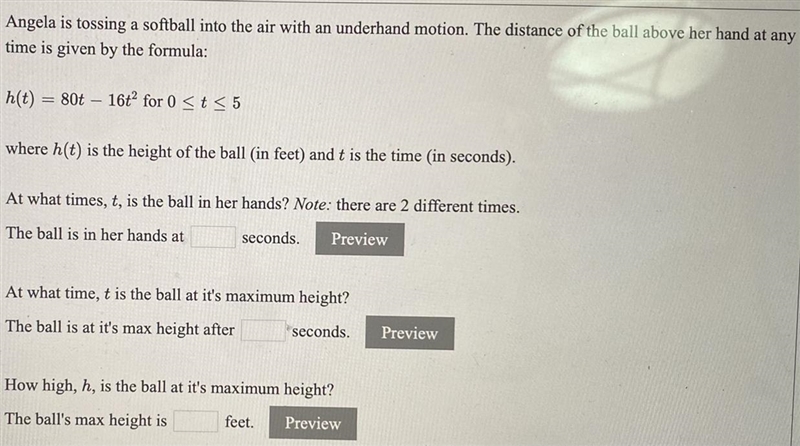 Angela is tossing a softball into the air with an underhand motion. The distance of-example-1