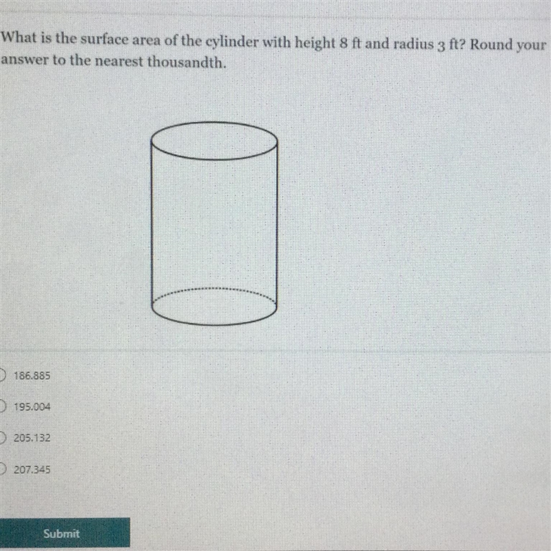 What is the surface area of the cylinder with height 8 ft and radius 3 ft? Round your-example-1