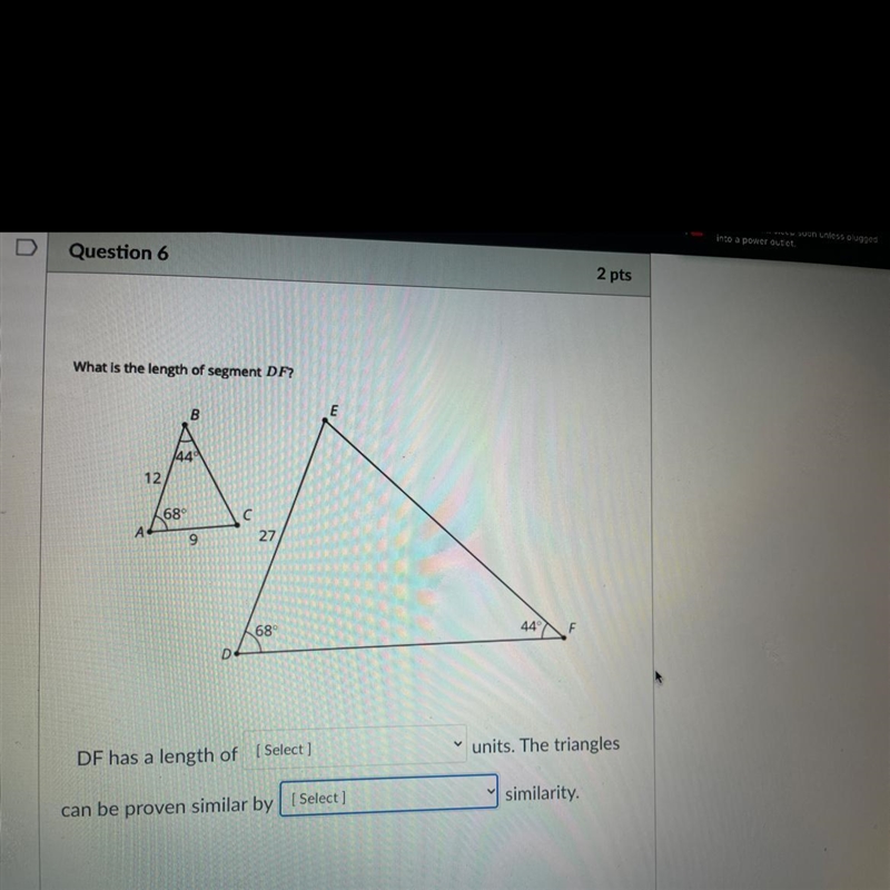 What is the length of segment DF?DF has a length of [Select]units. The trianglescan-example-1