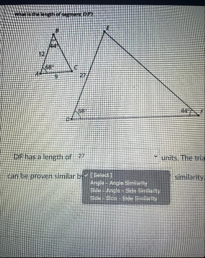 What is the length of segment DF?DF has a length of [Select]units. The trianglescan-example-2