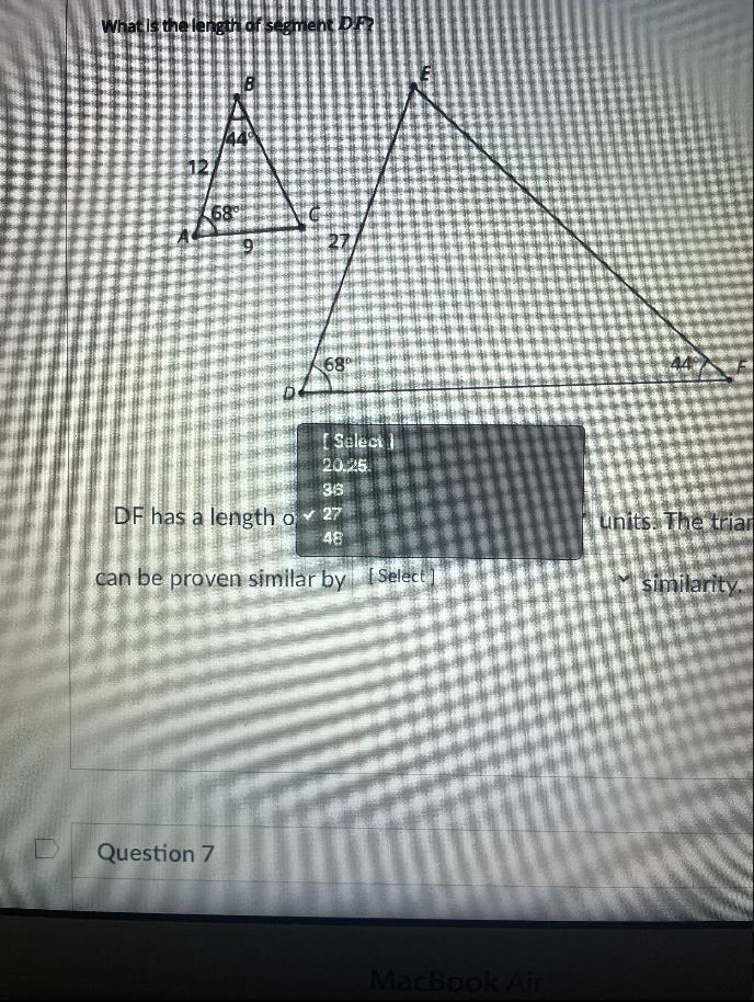 What is the length of segment DF?DF has a length of [Select]units. The trianglescan-example-3