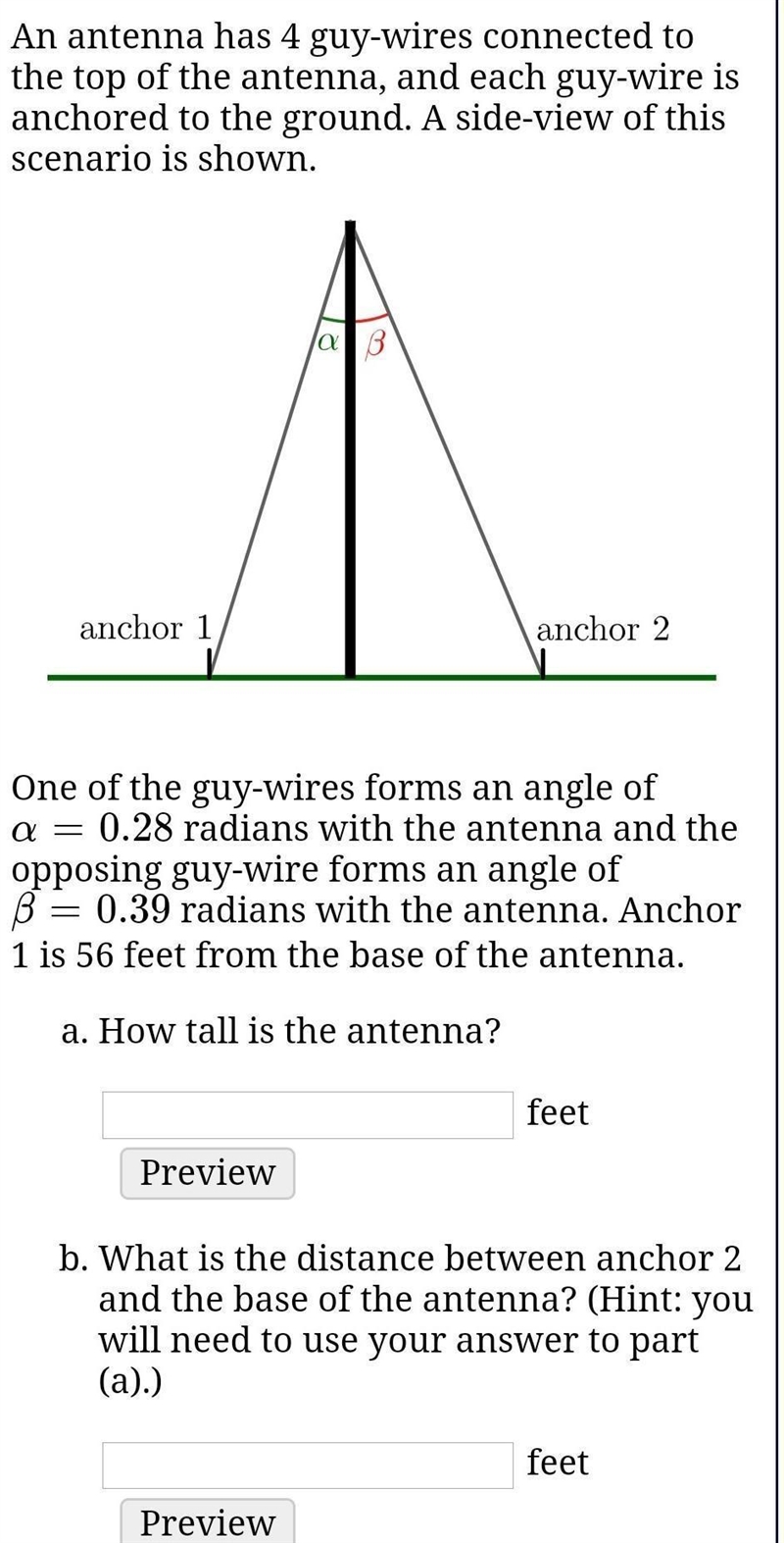 An antenna has 4 guy-wires connected to the top of the antenna, and each guy-wire-example-1