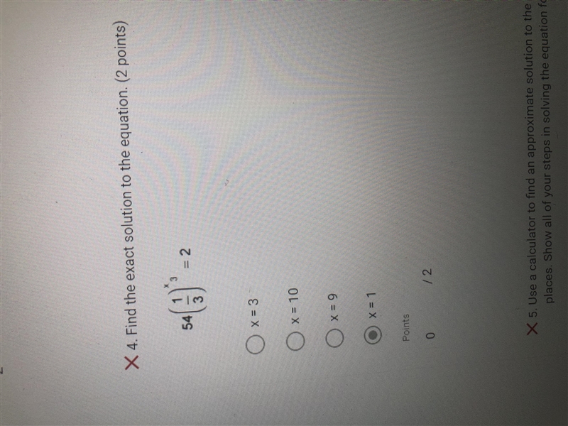 I need help please. Find the exact solution to the equation54(1/3)^x = 2-example-1