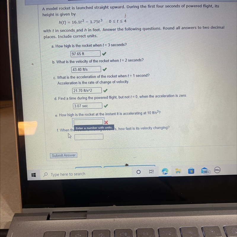 Hi dear how do you have to do the math question e and f) It was when the rocket is-example-1