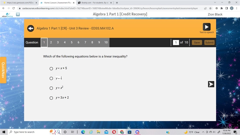 Which of the following equations below is a linear inequality?-example-1