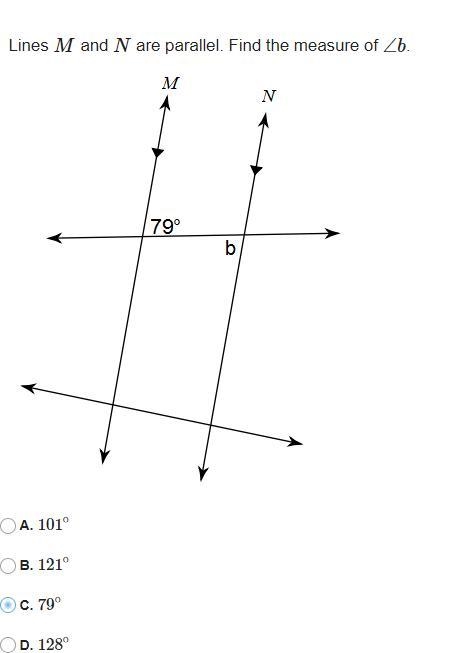 Lines M and N are parallel. Find the measure of ∠b.-example-1