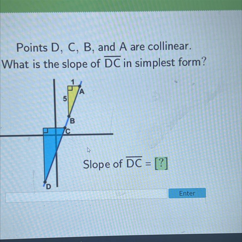 Points D, C, B, and A are collinear.What is the slope of DC in simplest form?5BСSlope-example-1