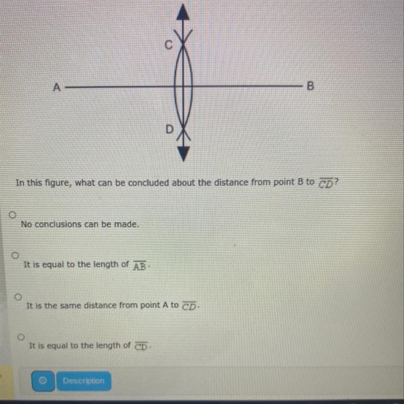 In this figure, what can be concluded about the distance from point B to CD? No conclusions-example-1