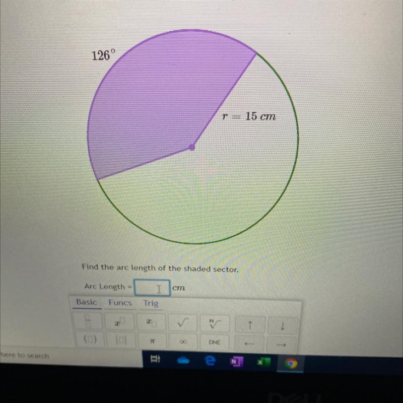 126°r= 15 cmFind the arc length of the shaded sector.-example-1