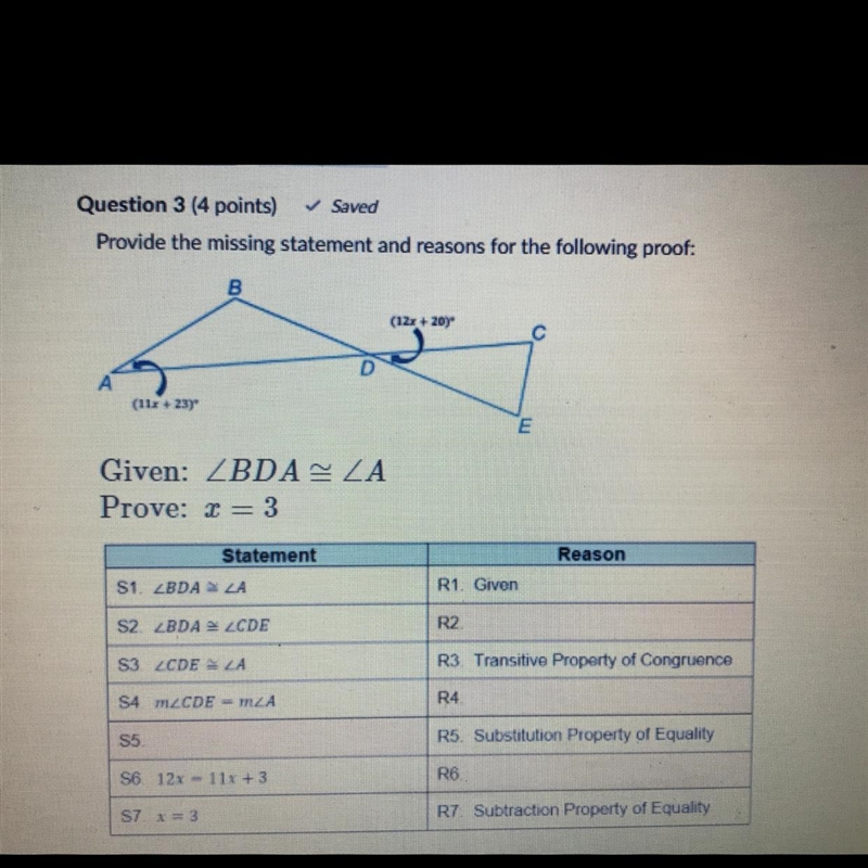 Provide the missing statement and reasons for the following proof:ce 2:B(12x+20)Dge-example-1