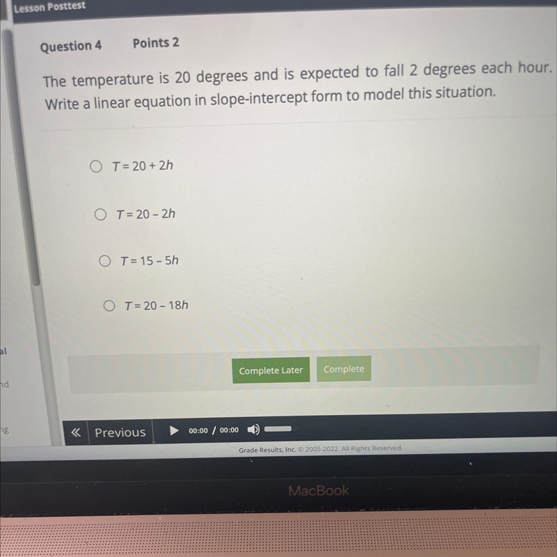 The temperature is 20 degrees and is expected to fall 2 degrees each hour. Write a-example-1