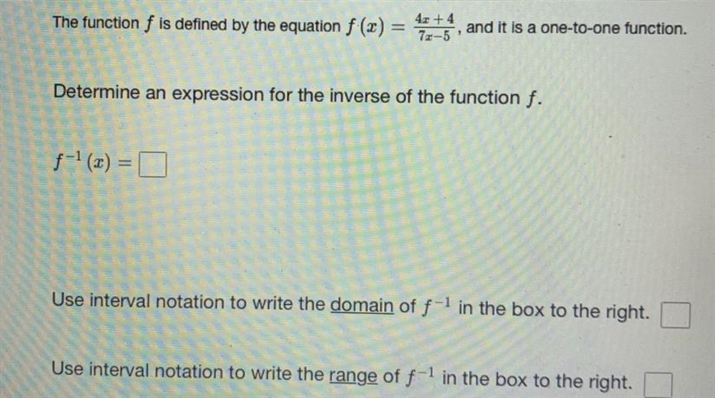 What would the inverse be of the function f? What would the inverse domain and range-example-1