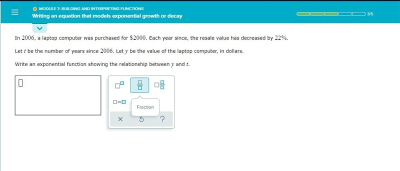 In 2006, a laptop computer was purchased for $2000. Each year since, the resale value-example-1