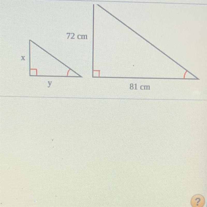 Find the values of x and y when the smaller triangle has an area of 108 cm2.The value-example-1