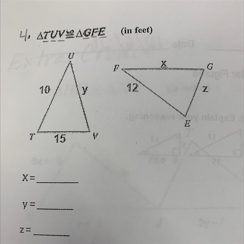 Triangle TUV is congruent to Triangle GFE. Solve for x, y and z. What is the perimeter-example-1