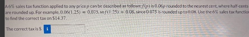 6A6% sales tax function applied to any pricep can be described as follows: f(p) is-example-1