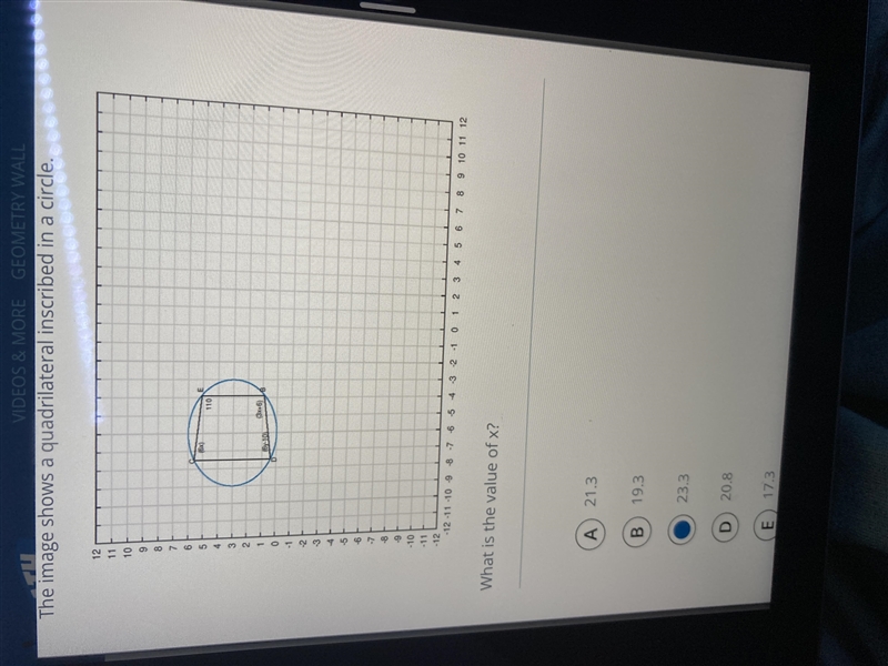 The image shows a quadrilateral inscribed in a circle.What is the value of x?-example-1