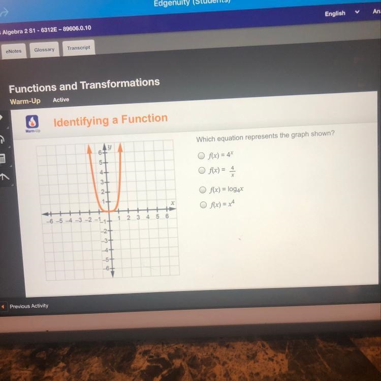 Which equation represents the graph shown?O f(x) = 4xO f(x) = 4XO f(x) = log4xO f-example-1