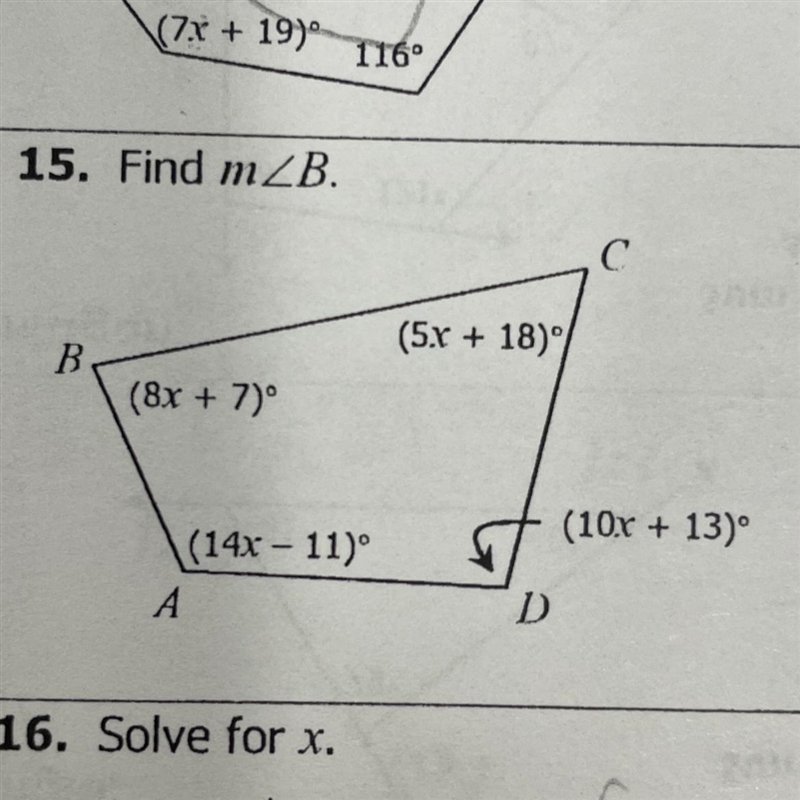 Asap 15. Find mZB. С (5.r + 18)) B (8x + 7)º (10r + 13) - (14x - 11) А D-example-1