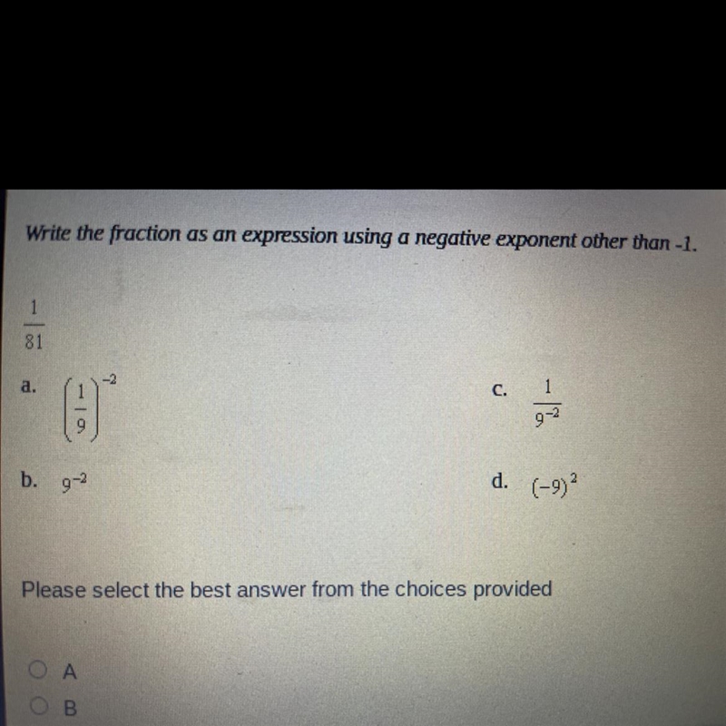 Write the fraction as a expression using a negative exponent other than -1-example-1