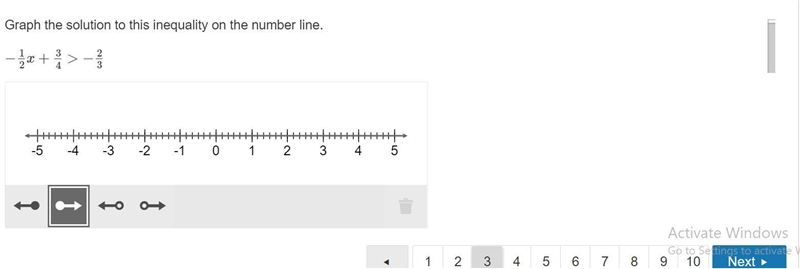 Graph the solution to this inequality on the number line. −1/2x+3/4>−2/3-example-1