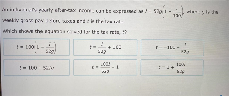 An individual's yearly after-tax income can be expressed as I=52g (1-t/100), where-example-1