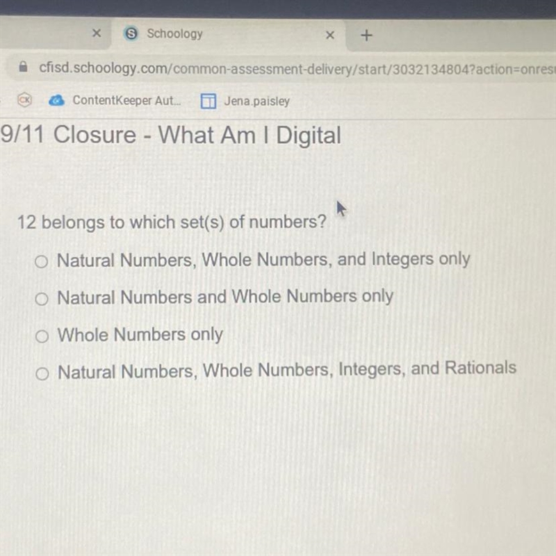 12 belongs to which set(s) of numbers?o Natural Numbers, Whole Numbers, and Integers-example-1