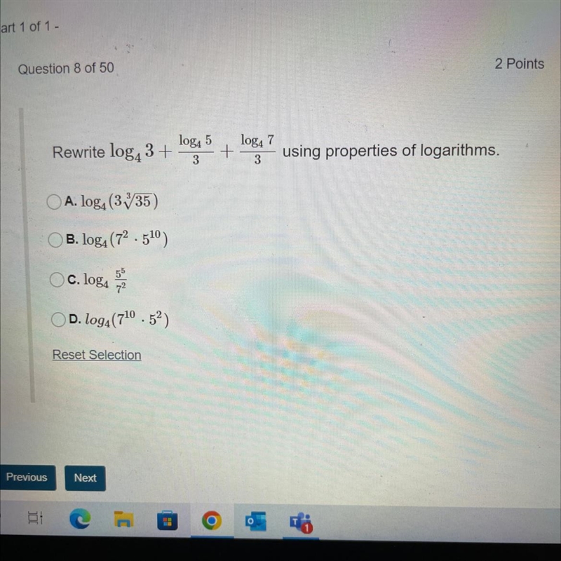 loga5Rewrite log43++log4 73using properties of logarithms.3A. log, (335)B. loga (72.510)c-example-1