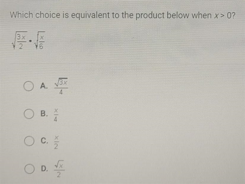 Which choice is equivalent to the product below when x> 0? 3x xli 3x ОАА O A. ОВ-example-1