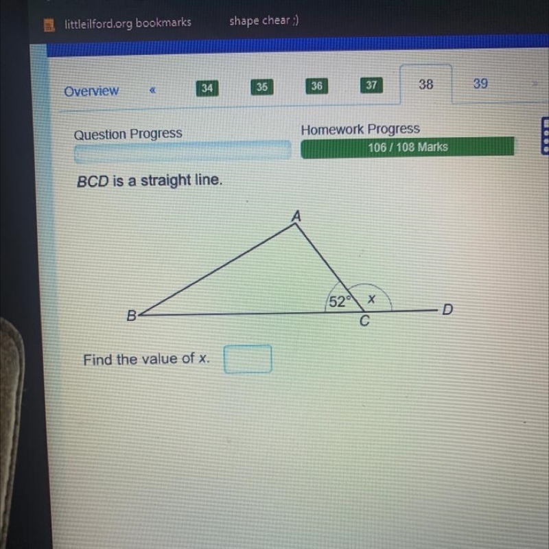 BCD is a straight line. B Find the value of x. C A 52 C D-example-1