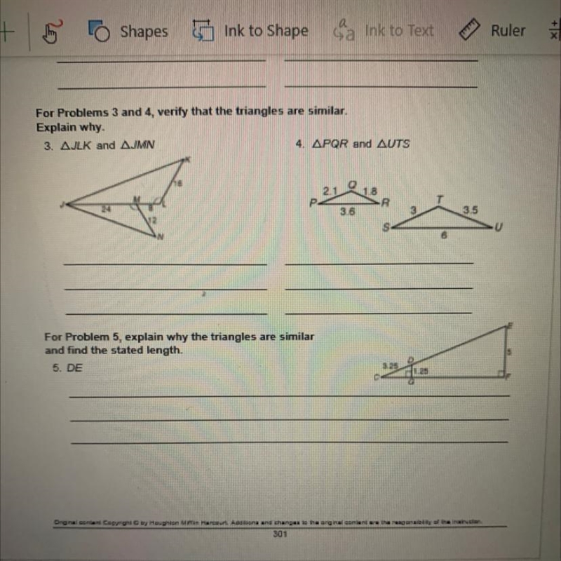 For Problem 5, explain why the triangles are similar and find the stated length. Help-example-1