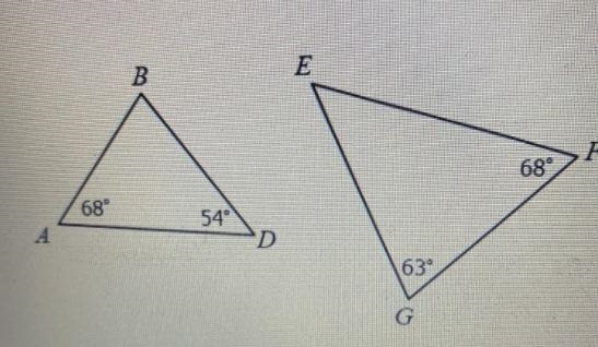 Question #4:Explain if the triangles are similar using AA-. If they aresimilar, which-example-1