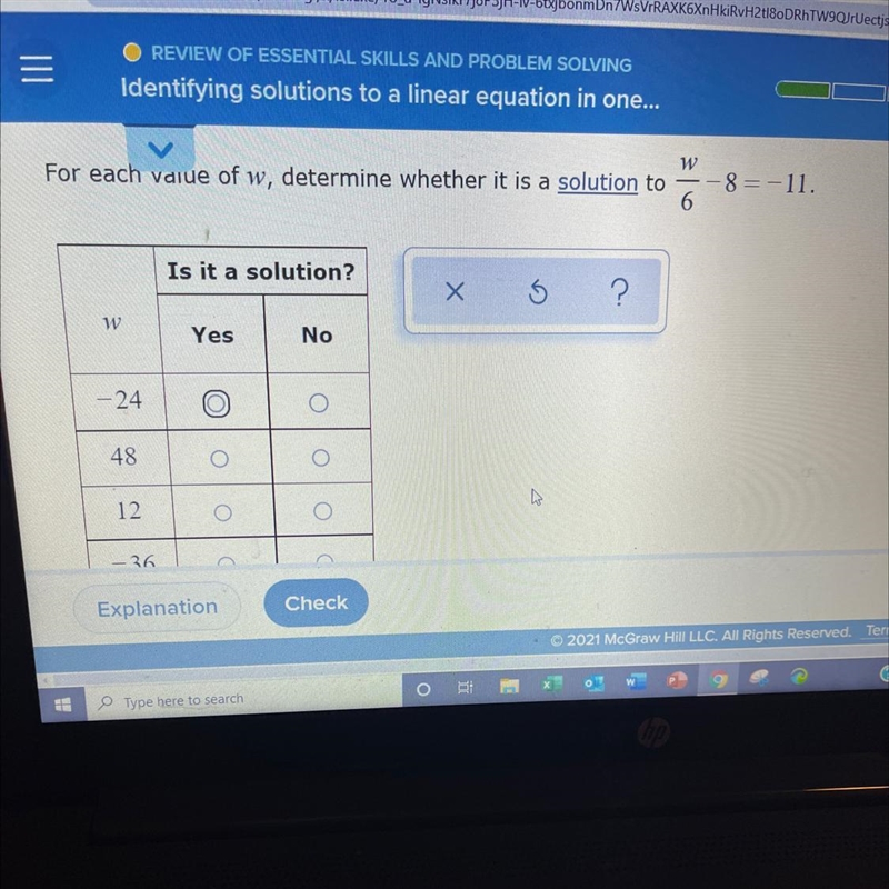 For each value of w, determine whether it is solution-example-1