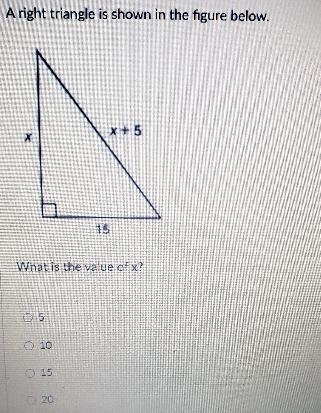 A right triangle is shown in the figure below x+5 and 15 what is the value of x-example-1