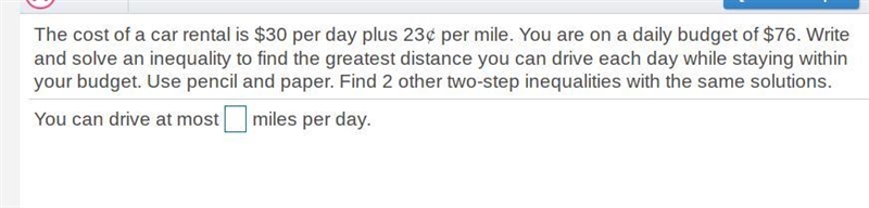 The cost of a car rental is 30$ per day plus 23 cents per mile. You are on a daily-example-1