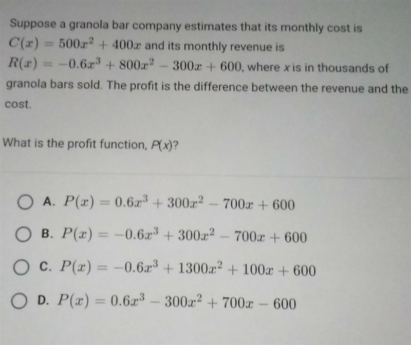 Suppose a granola bar company estimates that its monthly cost is C(x) = 500x2 + 400x-example-1